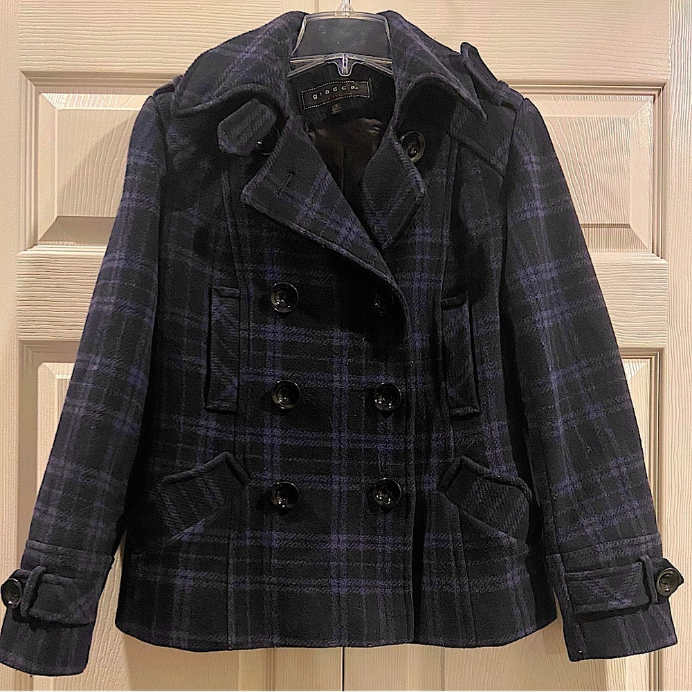 Giacca Womens Small Wool Blend Short Pea Coat Black & Blue/purple Plaid